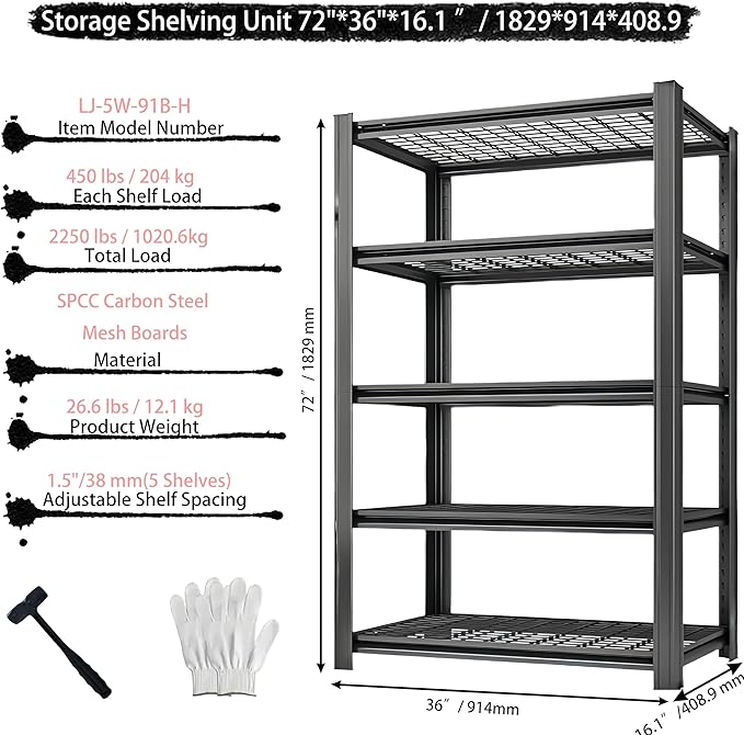 Storage Shelving Unit Height Heavy Duty Garage Shelves Metal Utility Rack for Kitchen Pantry Basement Pantry Warehouse Laundry Black 72" H x 36" W x 16.1" D