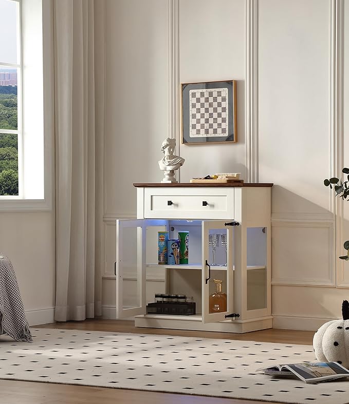 31.5'' Modern Small Buffet Cabinet with Storage,Buffet Sideboard with Two Glass Doors and a Drawer,Small Coffee bar Cabinet with Adjustable Shelf,for Kitchen,Antique White