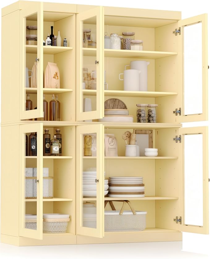 Palace Imports 100% Solid Wood 48.5" Pantry China Cabinet with Clear Glass Doors and Adjustable Shelves (Yellow)