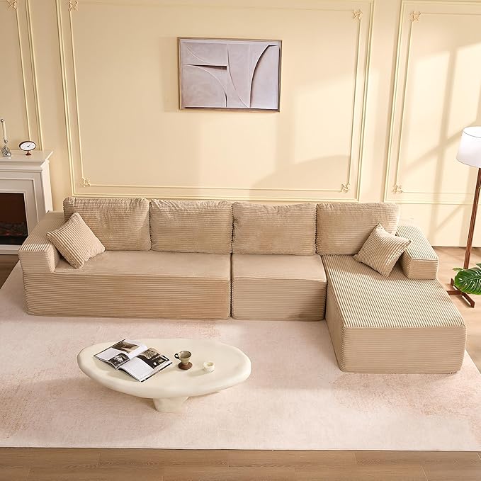138" Boneless Couch with Deep Seat, Modular Sectional Sofa, Cloud Sectional Couch for Living Room, No Assembly Required, Corduroy, 4 Seater L-Shape Right, Camel