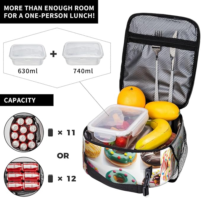 VANZEV Realistic Donut Pattern Insulated Lunch Box Gifts for Kids Adults Funny Colorful Sweet Food Design Reusable Portable Lunchbox Cooler Lunchbag for Work Picnic School Travel or Hiking