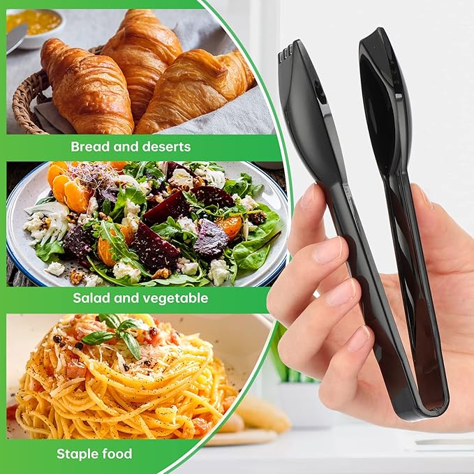 Patelai 12 Pcs 6 Inch Utility Tong Plastic Serving Tongs Bulk Scalloped Serving Utensils Charcuterie Accessories Heavy Duty Tongs for Cooking Appetizers Food Catering Dinner Party (Black)