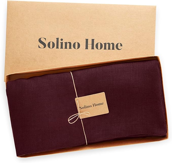 Solino Home Linen 60 Inch Round Tablecloth - 100% Pure Linen Burgundy Round Tablecloth - Machine Washable Table Cloth for Christmas, New Year - Sonoma