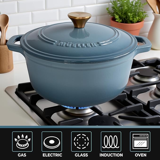MUELLER HOME 6 Quart Enameled Cast Iron Pot Dutch Oven, Heavy-Duty, Oven-Safe up to 500째 F & Across All Cooktops, Bread Pan with Lid & Knob, Cast Iron Cookware, Blue Kitchen Accessories, Mineral Blue