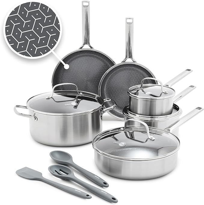 GreenPan Hybrid 13 Piece Nonstick Stainless Steel Cookware Set, APEX Tri-Ply Thermobond PFAS-Free Ceramic Pots & Pans, Induction & All Cooktop Compatible, Oven Temp to 850째F, Dishwasher Safe, Silver
