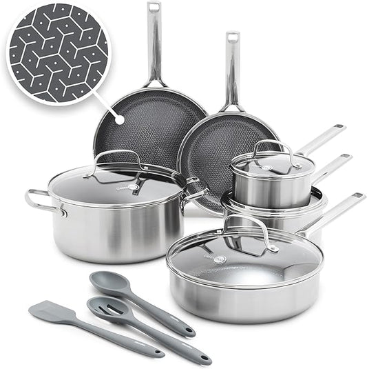 GreenPan Hybrid 13 Piece Nonstick Stainless Steel Cookware Set, APEX Tri-Ply Thermobond PFAS-Free Ceramic Pots & Pans, Induction & All Cooktop Compatible, Oven Temp to 850째F, Dishwasher Safe, Silver