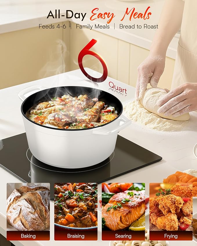 Nuwave 6QT Healthy Enameled Cast Iron Dutch Oven Pot with Lid, Heavy Duty 7-Layer Enamel, Enhanced Rust Protection, Dual Handles, Oven Safe to 500째F for Sourdough Bread Baking, Braise, Stew, Roast