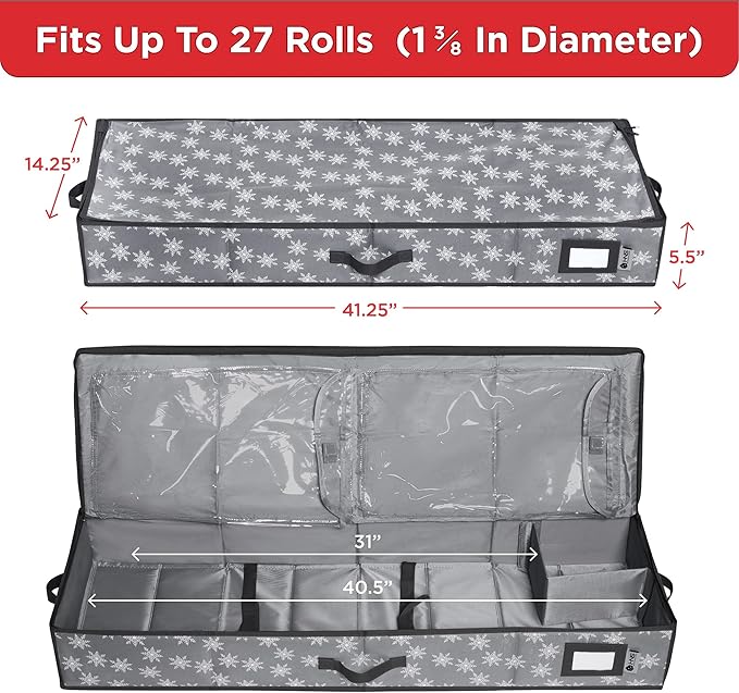 HOLDN??STORAGE Premium Wrapping Paper Storage Container - Durable 600D Tear-Proof, Fits 27 Rolls Gift Wrap, Extra Pockets for Ribbons & Bows, Underbed Storage - Ideal for Holiday Christmas, Grey/White Snowflakes
