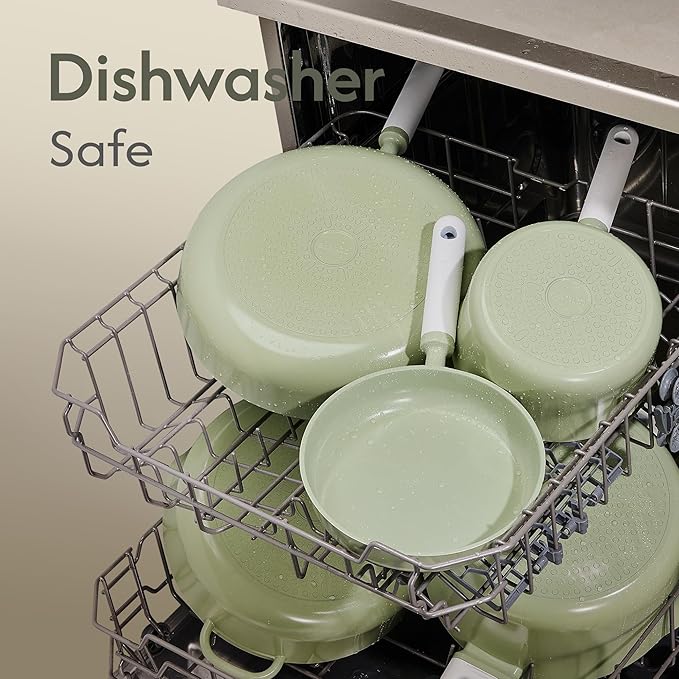 CAROTE Pots and Pans Set Non stick, 15pcs Ceramic Cookware Set Nonstick Non Toxic Cookware,Dishwasher,RV/Camping Cookware Set,Green