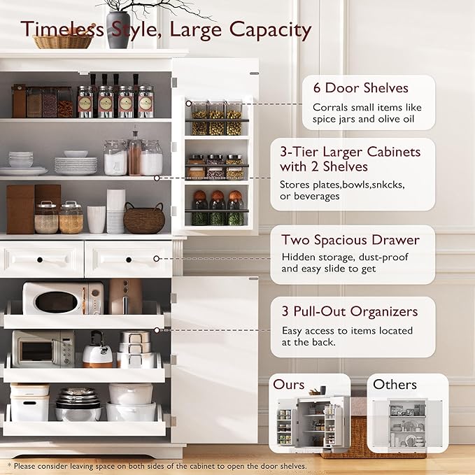 Ball & Cast 71?쿟all Farmhouse Kitchen Pantry Cabinet with 3 Pull Out Shelves & 2 Large Drawers,Versatile Pantryl Storage Cabinet w/ 6 Door Shelf & Adjustable Shelves for Kitchen,Dining Room,White