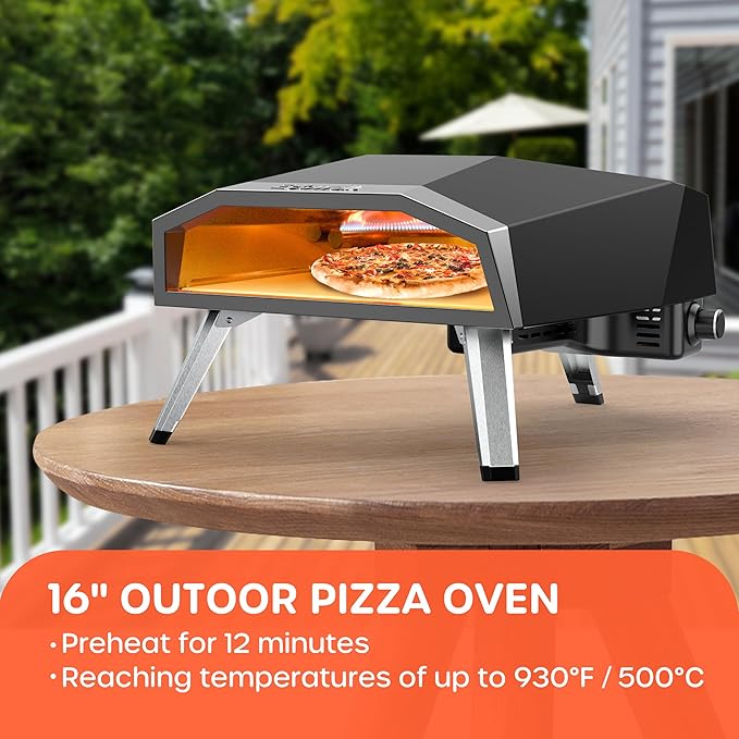 16" Outdoor Gas Pizza Oven, 80-Second Outdoor Camping Pizza Maker | with Gas Hose & Regulator, Pizza Stone, Pizza Peel, Pizza Cutter, Infrared Thermometer, Propane Grill Reaches 930째F (16 inch)