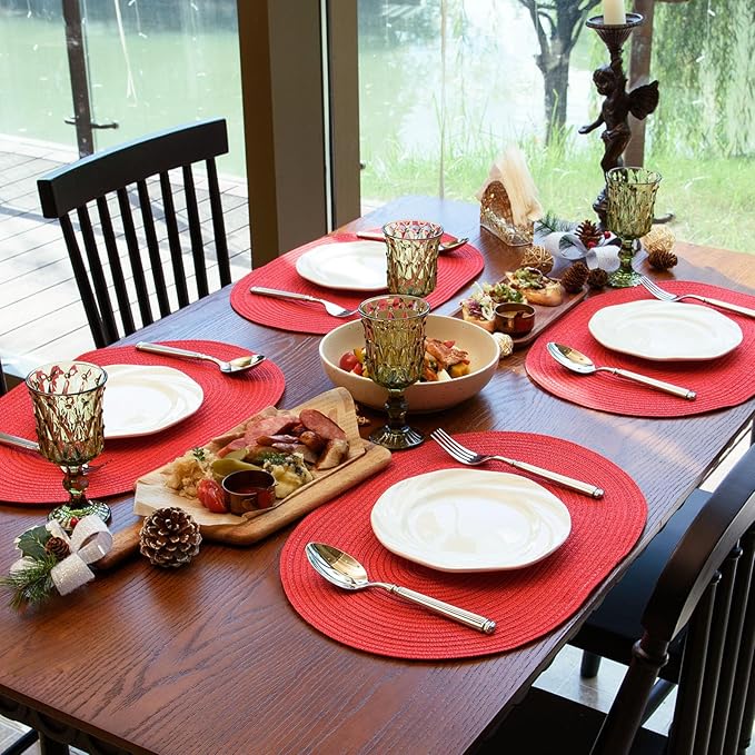 Noctiflorous Oval Braided Placemats Set of 6 Woven 12x18 Inch Non Slip Washable Heat Resistant Place Mats Round Tablemats for Dining Kitchen Party Daily Table Decor Dinner Mats (Red Shine, 6)