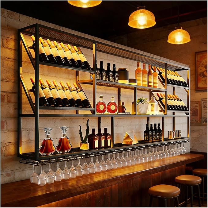 78.7in Wine Mounted Wine Rack, 3-Tier Metal Bar Shelves with Cups Hanging Holder, Large Modern Decorative Display Liquor Shelf, for Bar Dining Room Cafe (78.7" W)