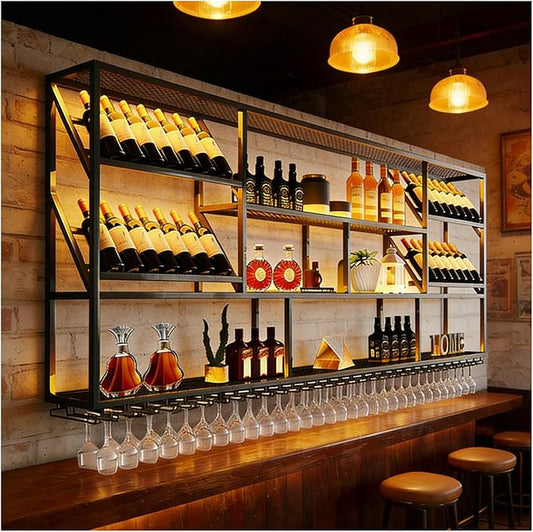59.1in Wine Mounted Wine Rack, 3-Tier Metal Bar Shelves with Cups Hanging Holder, Large Modern Decorative Display Liquor Shelf, for Bar Dining Room Cafe (59.1" W)