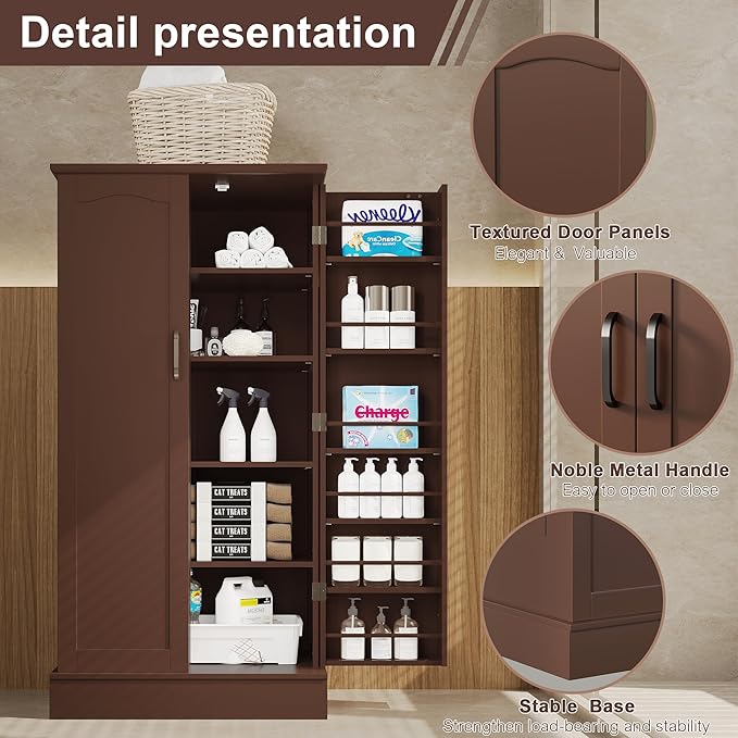 47??Pantry Cabinet, Kitchen Pantry Storage Cabinet with Doors & Adjustable Shelves, Brown Freestanding Buffet Cupboards Sideboard for Living Room and Dinning Room, Sturdy and Durable
