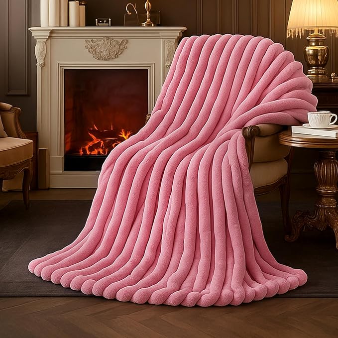 Am챕lie Home Faux Fur Throw Blanket for Couch, Cozy Fuzzy Fluffy Fur Luxurious Soft Striped Plush Gift Blankets for Family Sofa Chair Bedroom, 55"x70", Pink