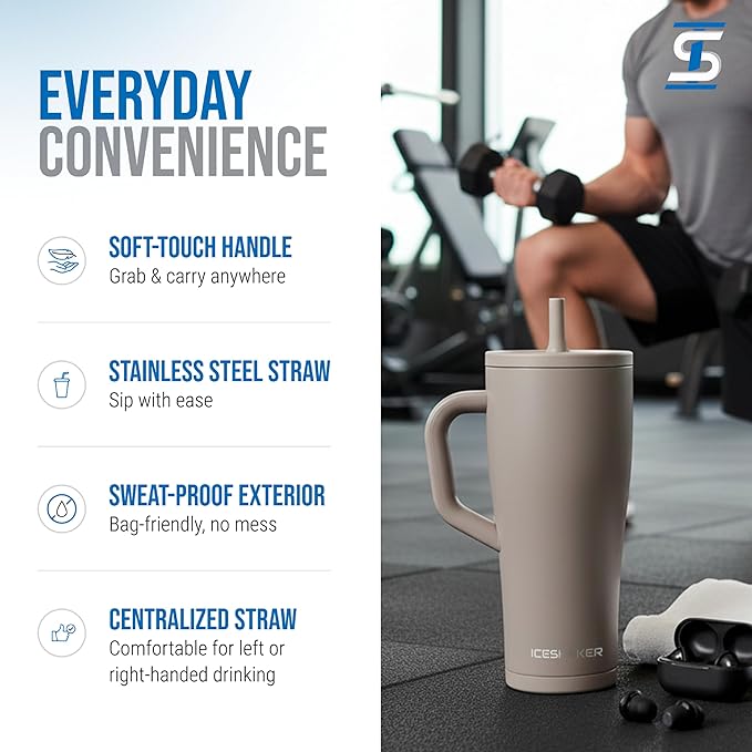 Ice Shaker 32 oz Tumbler with Handle and Straw | 32oz Java | Cold for 30+ Hours | 2-in-1 Tumbler Shaker Bottle | Odor-Free 32 ounce Bottle for Water, Protein Shakes, Smoothies, Cocktails