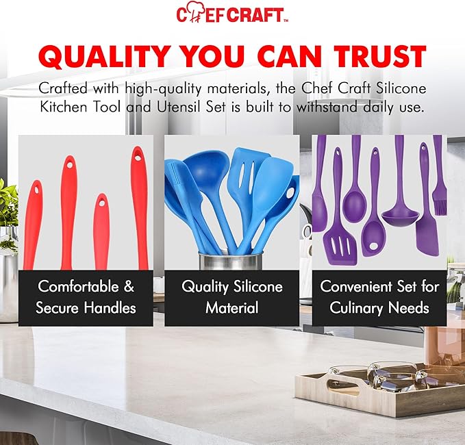 Chef Craft - Premium Silicone Kitchen Tools and Utensils Set, Non-Scratch, Withstands Temperatures up to 450째F, BPA-Free, 7 Piece Cooking Utensils Set, Pastel Blue