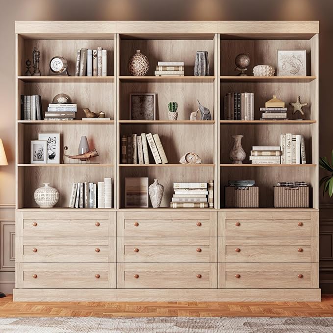 71" Tall Farmhouse Bookshelves, Brown Large Bookcase with Adjustable Shelves, 3 Drawers Wooden Storage Cabinet for Living Room, Kitchen, Home Office, Dining Room, 2 Pcs Open Unit