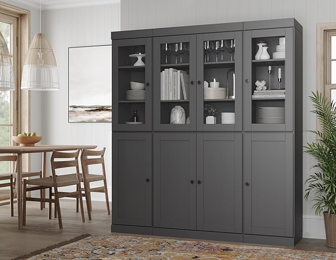 Palace Imports 100% Solid Wood Kitchen China Pantry Cabinet, 65" W - 4 Clear Glass & 4 Shaker Doors, Renewable Eco-Friendly Wood, Made in Brazil (Gray, 8 China/Shaker Doors | NO Drawers)