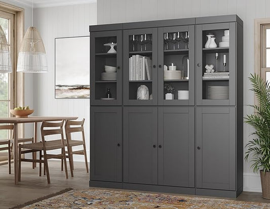 Palace Imports 100% Solid Wood Kitchen China Pantry Cabinet, 65" W - 4 Clear Glass & 4 Shaker Doors, Renewable Eco-Friendly Wood, Made in Brazil (Gray, 8 China/Shaker Doors | NO Drawers)