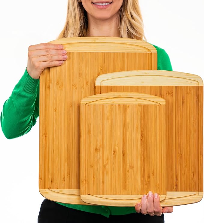 Organic Bamboo Cutting Boards for Kitchen Set of 3 with Lifetime Replacements ??Premium Extra Large Wood Chopping Boards with Juice Grooves for Carving & Serving, Non-Toxic & Durable by Greener Chef