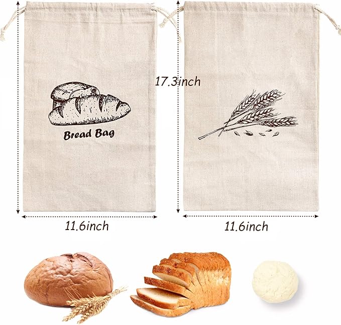 Bread Bags, 4-Packs Linen Bread Bags for Homemade Container, 17.3횞11.6 Inches Unbleached&Reusable Loaf&Baguette Storage,Natural Large Storage for Artisan Roll,With 4 Pieces Bread Clips
