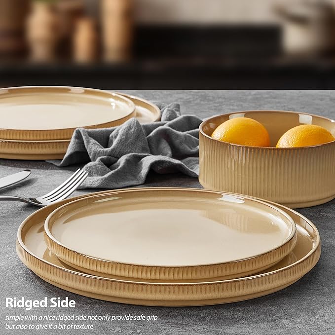 LIANYU 8 Piece Dinnerware Plates and Bowls for 2, Ceramic Elegant Stoneware Dishes Sets with Pasta Bowls, Modern Ribbed Dining Ware Dishware for Restaurant Wedding, Dishwasher Safe, Dune Khaki