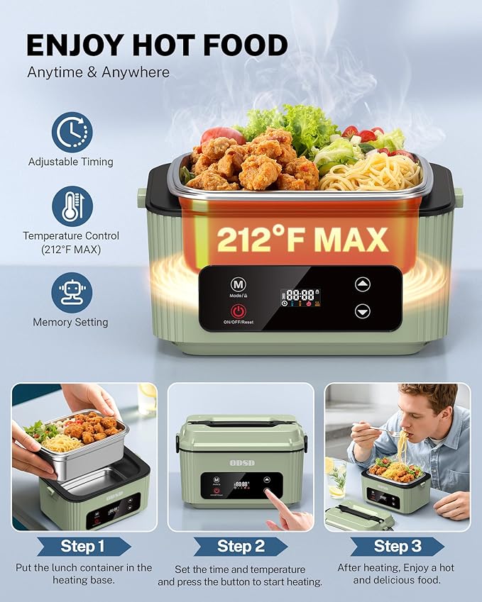 ODSD Cordless Electric Lunch Box for Adults, Heated Lunch Box 130min Battery Life, Self-Heating Portable Electric Food Warmer with 1.2L SS Container for Truck, Office, or Outdoor Worksite