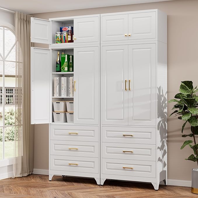 Metal Storage Cabinet, 90" White Pantry Cabinet with 4 Doors and 4 Adjustable Shelves, Tall Cabinets with 3 Drawers for Dinning Living Room and Dining Room