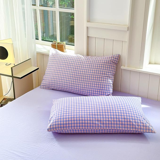 LifeTB Purple Gingham Comforter Queen Comforter Set Fluffy Soft Plaid Checkered Pattern Comforter Purple Pink Gingham Bedding Set Farmhouse Grid Plaid Comforter Set for All Seasons Queen Size
