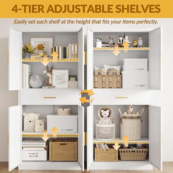 Kitchen Pantry Cabinet,71??Metal Tall Pantry Storage Cabinet with Doors 2 Adjustable Shelves and a Drawer,Kitchen Storage Cabinets White Freestanding Food Cabinet for Pantries, Kitchen, Dining Room