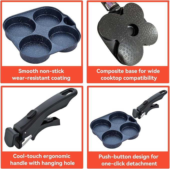 4-Cup Egg Pan Nonstick, Aluminum Omelette Pan with Detachable Handle, Fast Heating Breakfast Omelette Skillet for Fried Eggs Cooker, Pancakes, Suitable for Gas Stove & Induction Cookware