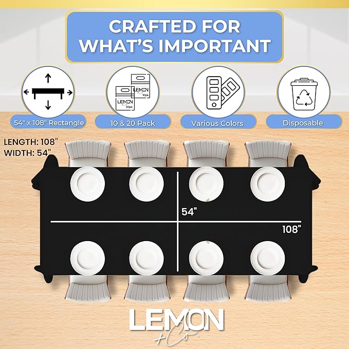 LEMON + Co. Black Rectangle Table Cover Disposable Plastic Tablecloth 54 Inch. x 108 Inch. Premium Decorative Rectangle Table Cover 20 Pack