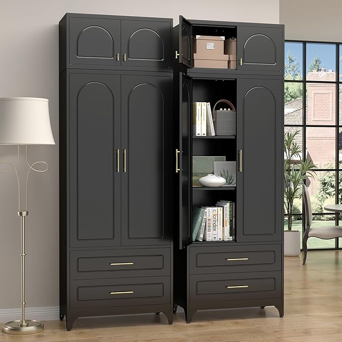 Kitchen Pantry Cabinet竊?0" Storage Cabinets with Doors and Shelves,Metal Pantry Cabinet with 2 Drawers,White Kitchen Cupboard for Livingroom,Pantry, Bathroom