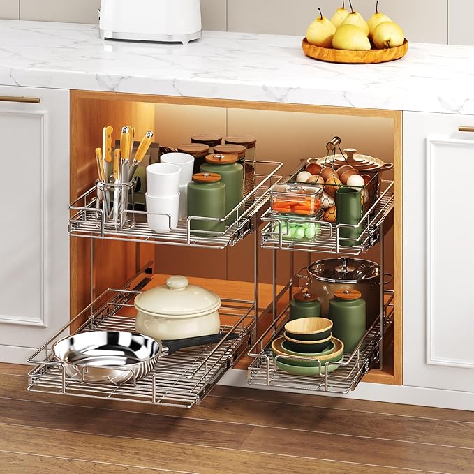 2 Tier Individual Pull Out Cabinet Organizer 19쩍" W x 21쩍" D, Heavy Duty Cabinet Pull Out Shelves, Slide Out Drawers Organization for Kitchen Cabinets Bathroom