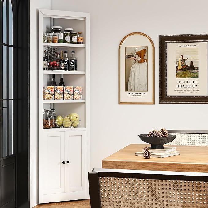 Metal Pantry Storage Cabinet with 4 Adjustable Shelves, 71" Tall Corner Cabinet for Bathroom, Corner Shelf Cabinet for Kitchen, Dining Room, Living Room, Assembly Required(White)