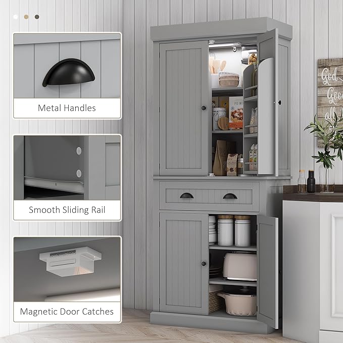 HOMCOM 71" Kitchen Pantry Cabinet with LED Motion Sensor Light, Tall Storage Cabinet with 6 Door Shelves, Drawer & Adjustable Shelves, for Living & Dining Room, Gray