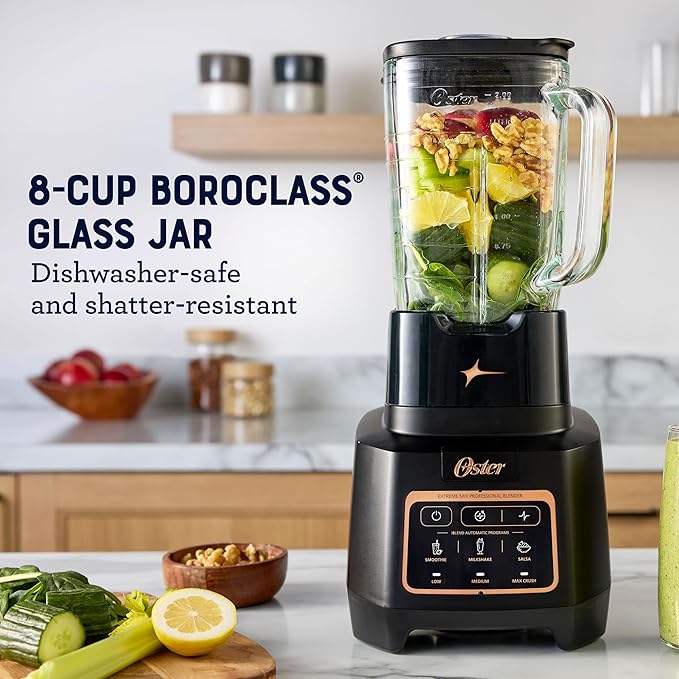 Oster Extreme Mix Blender, 64oz Glass Jar, 3 iBlend Preset Functions, 1600-Watts, 10-Point Blade Stack with Titanium Coating & 24oz Blend-N-Go Cup