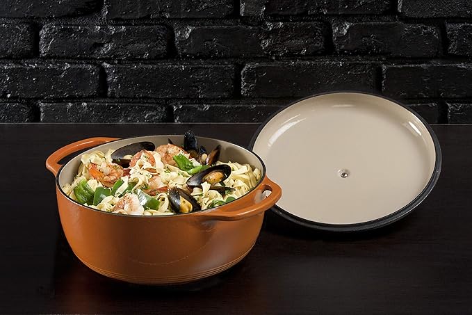 Lodge 6 Quart Enameled Cast Iron Dutch Oven with Lid ??Dual Handles ??Oven Safe up to 500째 F or on Stovetop - Use to Marinate, Cook, Bake, Refrigerate and Serve ??Pumpkin
