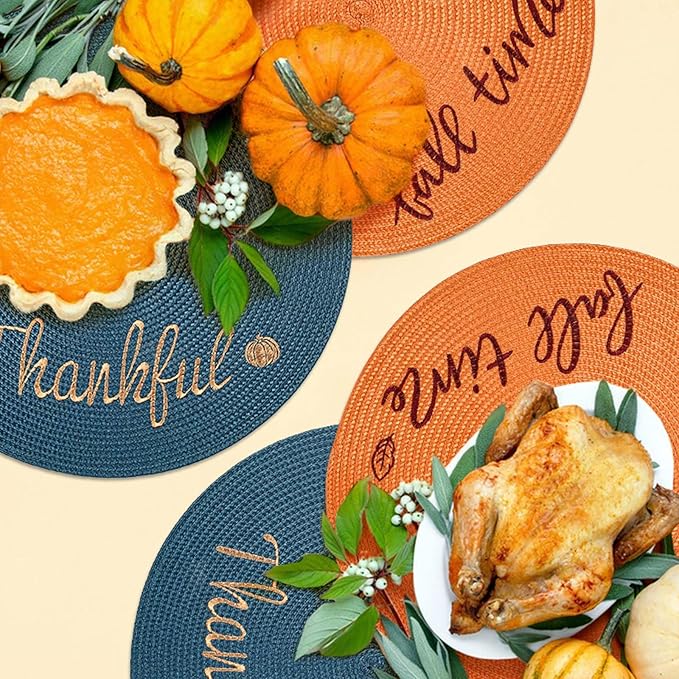 FunWheat Round Placemats Set of 6 Table Mats for Thanksgiving Tables Washable Non-Slip Place mats 15 Inch for Fall(Thankful,6pcs)