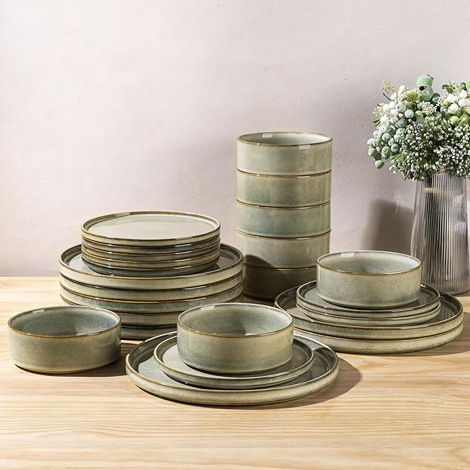 AmorArc Ceramic Dinnerware Sets, Handmade Reactive Glaze Stoneware Plates and Bowls Sets,Highly Chip and Crack Resistant | Dishwasher & Microwave Safe Dishes Set, Service for 8 (24pc)