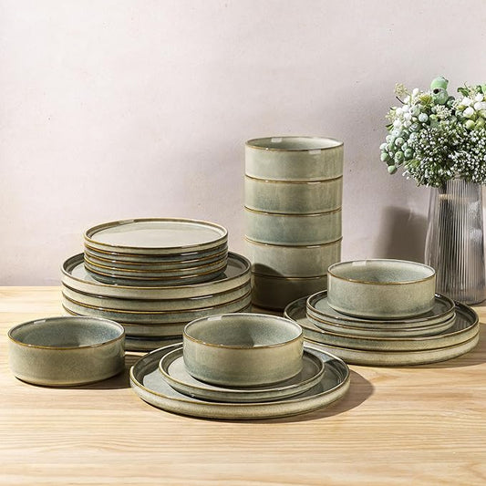 AmorArc Ceramic Dinnerware Sets, Handmade Reactive Glaze Stoneware Plates and Bowls Sets,Highly Chip and Crack Resistant | Dishwasher & Microwave Safe Dishes Set, Service for 8 (24pc)