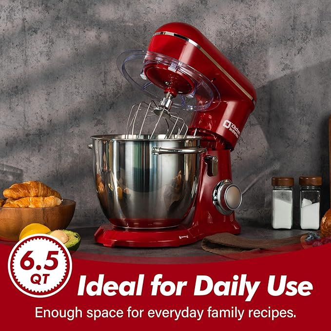 Kitchen in the box Stand Mixer, 6.5QT Electric Food Mixer, 10 Speeds 3-IN-1 Kitchen Mixer for Daily Use with Egg Whisk,Dough Hook,Flat Beater (Red, 6.5QT)