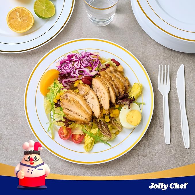 JOLLY CHEF 200 Pieces Gold Plastic Plates, 10 Inch Elegan Disposable Plates White Plate with Gold Rim,Plastic Plates for Christmas?갃irthdays and Weddings