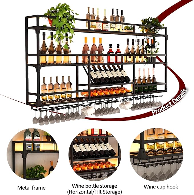 Wall Mounted Wine Rack, Floating Industrial Liquor Glass Holder 3 Tiers, Large Metal Wine Bottle Display Rack Hanging Shelf, for Home Bar Dining Room Decorative (Black-B, 47.24x35.43x9.84in)