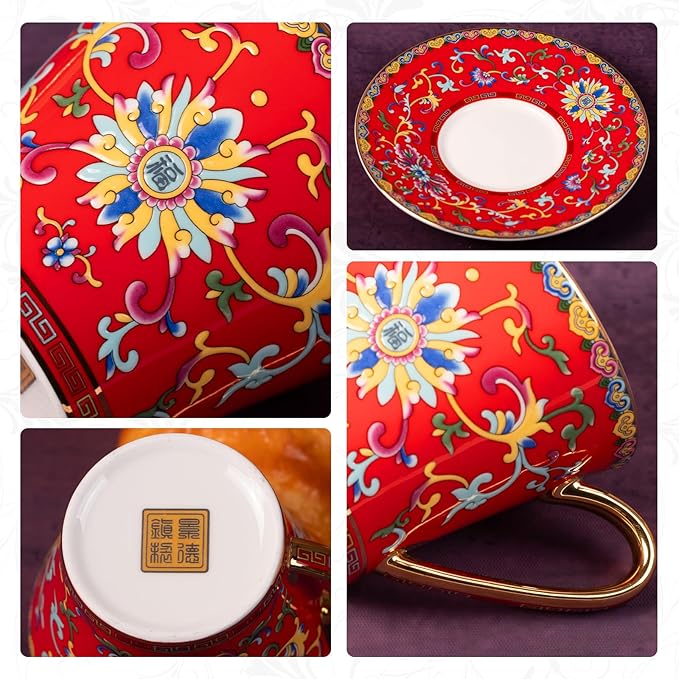 KAMMAK Tea Cups and Saucers Set of 2, Porcelain Coffee Cup with Saucer for Espresso, Cappuccino, 8oz Vintage Red and Blue Ceramic Novelty Mug for Home, Tea Party, Office