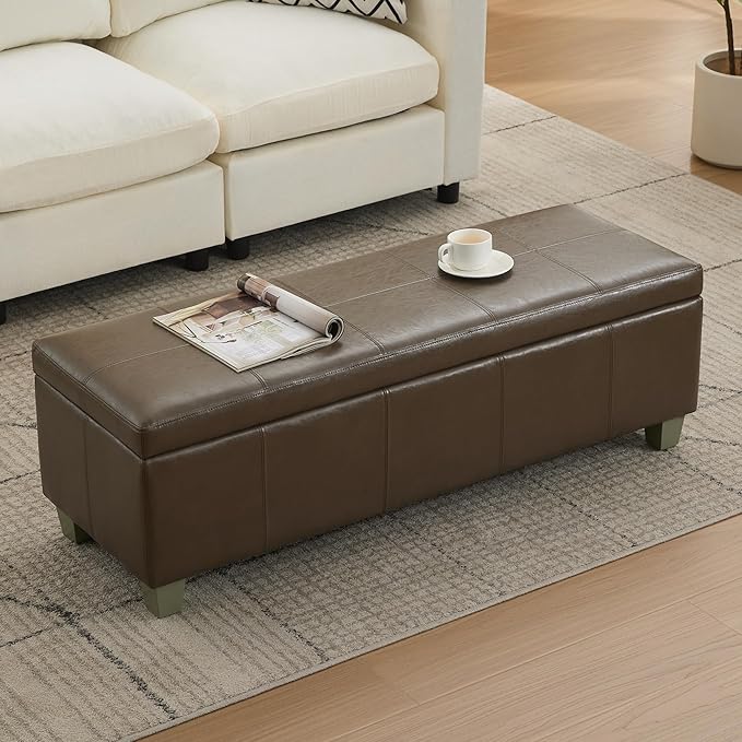 WUTUTUEE 51" Faux Leather Storage Ottoman, Stitch Tufted Rectangle Upholstered End of Bed Storage Bench, Entryway Large Couch Ottoman with Wooden Legs, Coffee