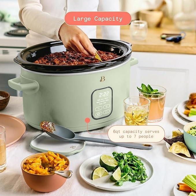 Beautiful 6 Quart Programmable Slow Cooker, 5 Cooking Presets, Digital Countdown Timer, Dishwasher Safe Parts by Drew Barrymore (Sage Green)