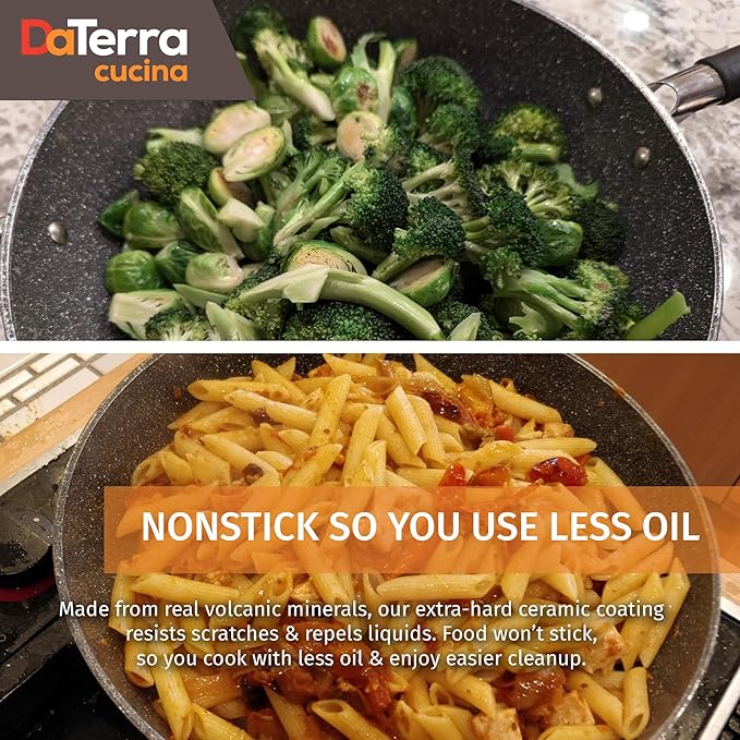 DaTerra Cucina - Nonstick Ceramic Wok with Lid - Made in Italy - High Heat Resistant Nonstick Cookware - Oven Safe, PTFE, Cadmium, Lead & PFOA free - Volcanic Black Speckled 13